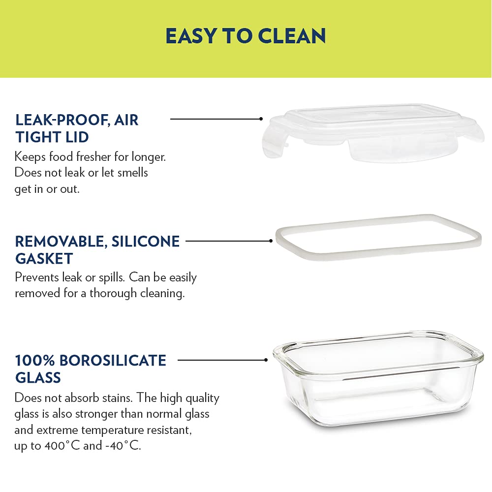 Borosil 1520ml Klip N Store Glass Storage Container For Kitchen With Air-Tight Lid, Microwave & Oven Safe, Rectangular, Clear