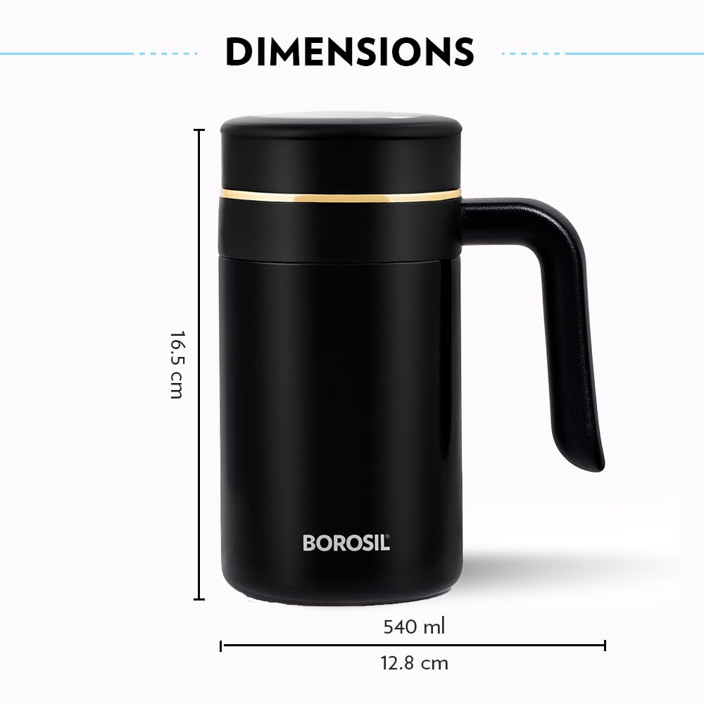 Borosil Hydra Klassic Super Insulated Mug, Vacuum Insulated Travel Coffee/Tea Mug, 8 Hrs Hot and 13 Hrs Cold, Easy to Carry, Leak Proof, 540 ml, Black, Stainless Steel