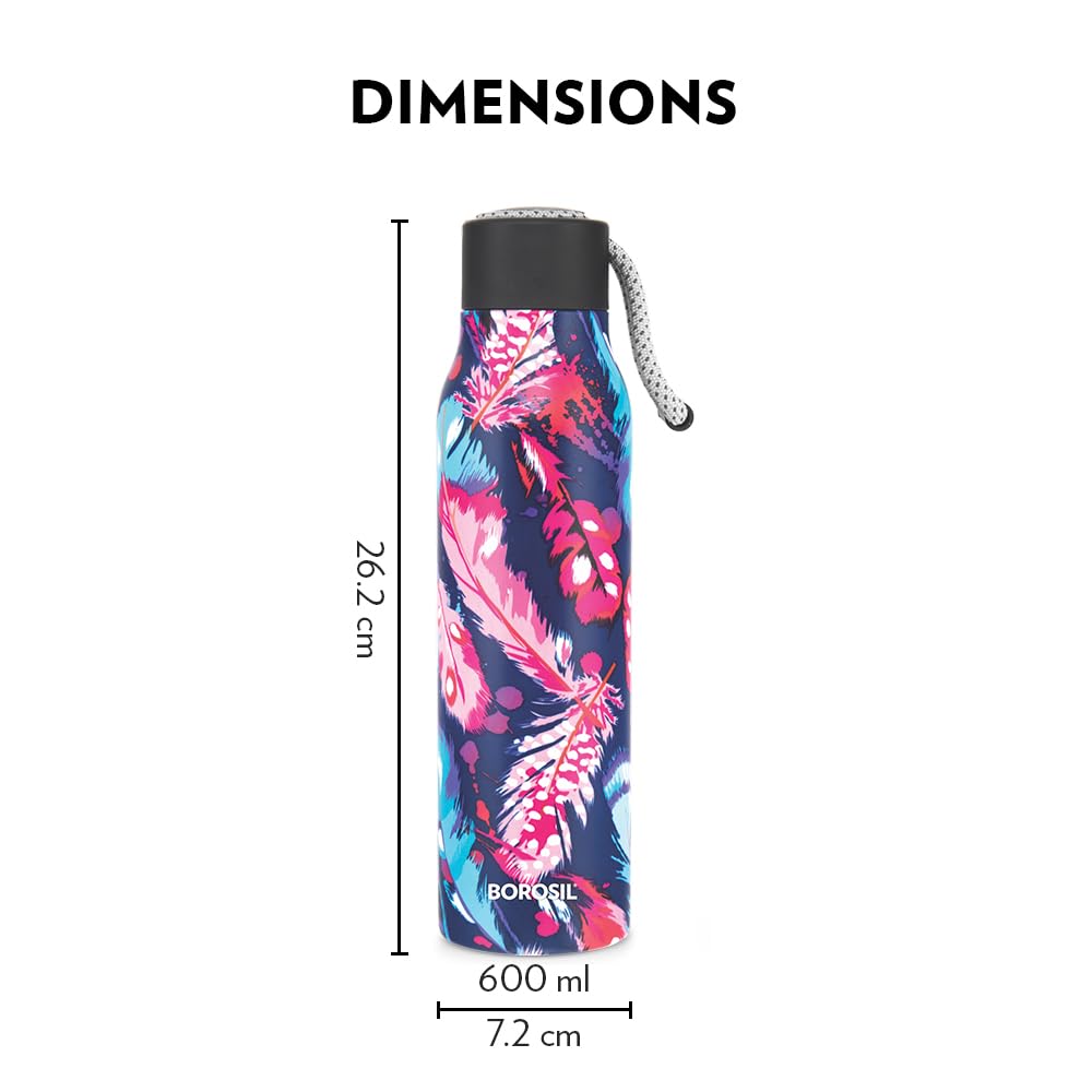 Borosil Hydra Aquasoul Vibrant 600 ml Stainless Steel Water Bottle | Double Wall Vacuum Insulated Flask, Leakproof, Wide Mouth with Strap | 12 Hours Hot & Cold | 1 Year Warranty