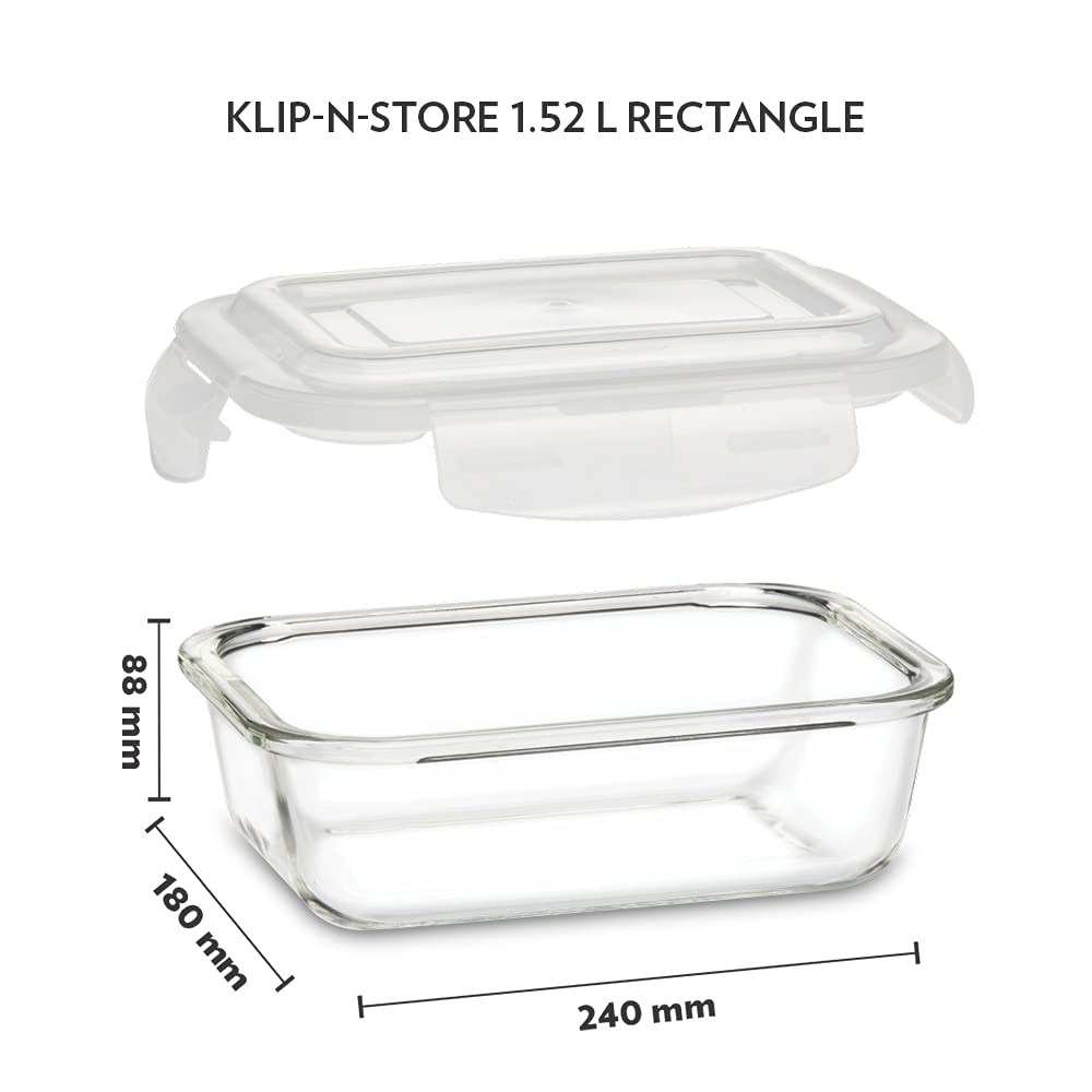 Borosil 1520ml Klip N Store Glass Storage Container For Kitchen With Air-Tight Lid, Microwave & Oven Safe, Rectangular, Clear
