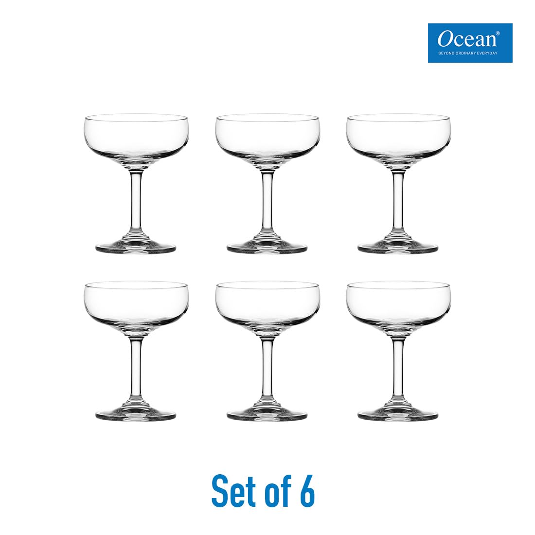 Ocean Glass Classic Saucer Champagne Set - Transparent, 135ml - Set of 6 Stylish Glasses for Celebrations, Kitchen Accessories Or Gifting | Perfect for Sparkling Wine, Cocktails, or Desserts