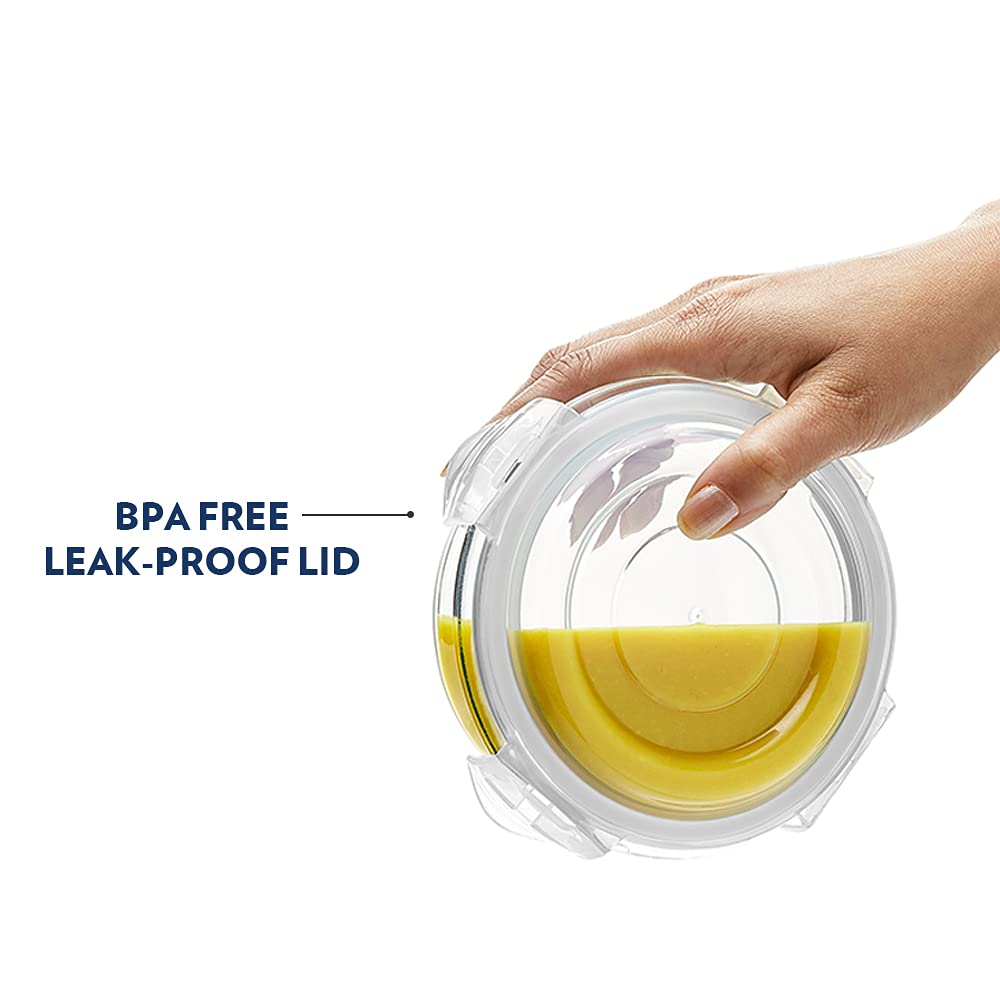 Borosil Klip n Store 950 ml Round Glass Food Storage Container with Air Tight Lid | Borosilicate Glass Container for Lunchbox | Microwave & Dishwasher Safe | Transparent