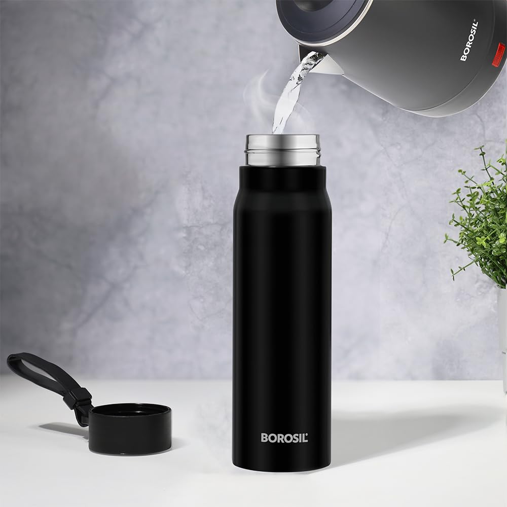 Borosil Bliss 500 ml Black Stainless Steel Vaccum Insulated Bottle 13 hrs Hot & 12 hrs Cold