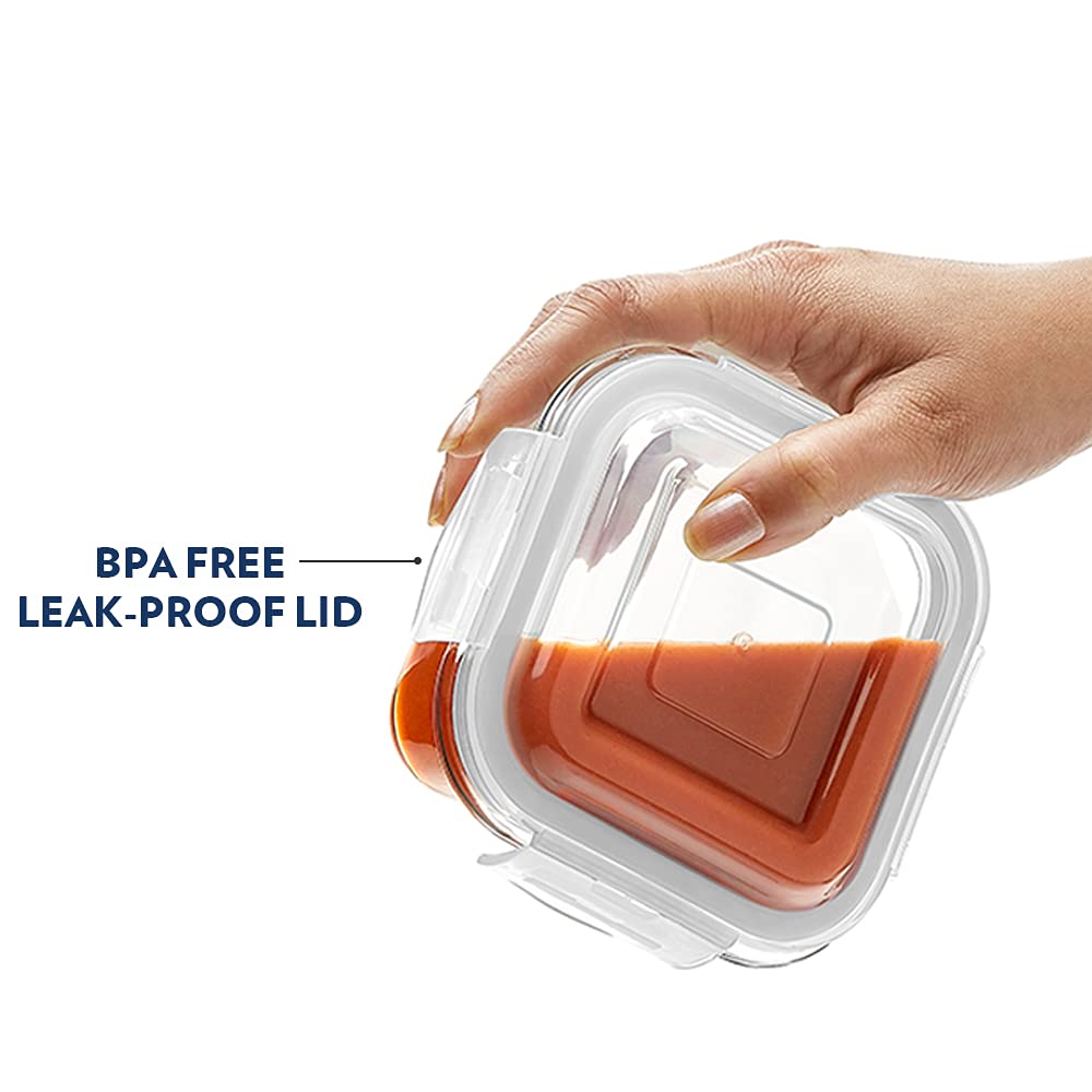 Borosil 800ml Klip n Store Square Glass Food Storage Container with Air Tight Lid | Borosilicate Glass Container for Lunchbox | Microwave & Dishwasher Safe | Transparent