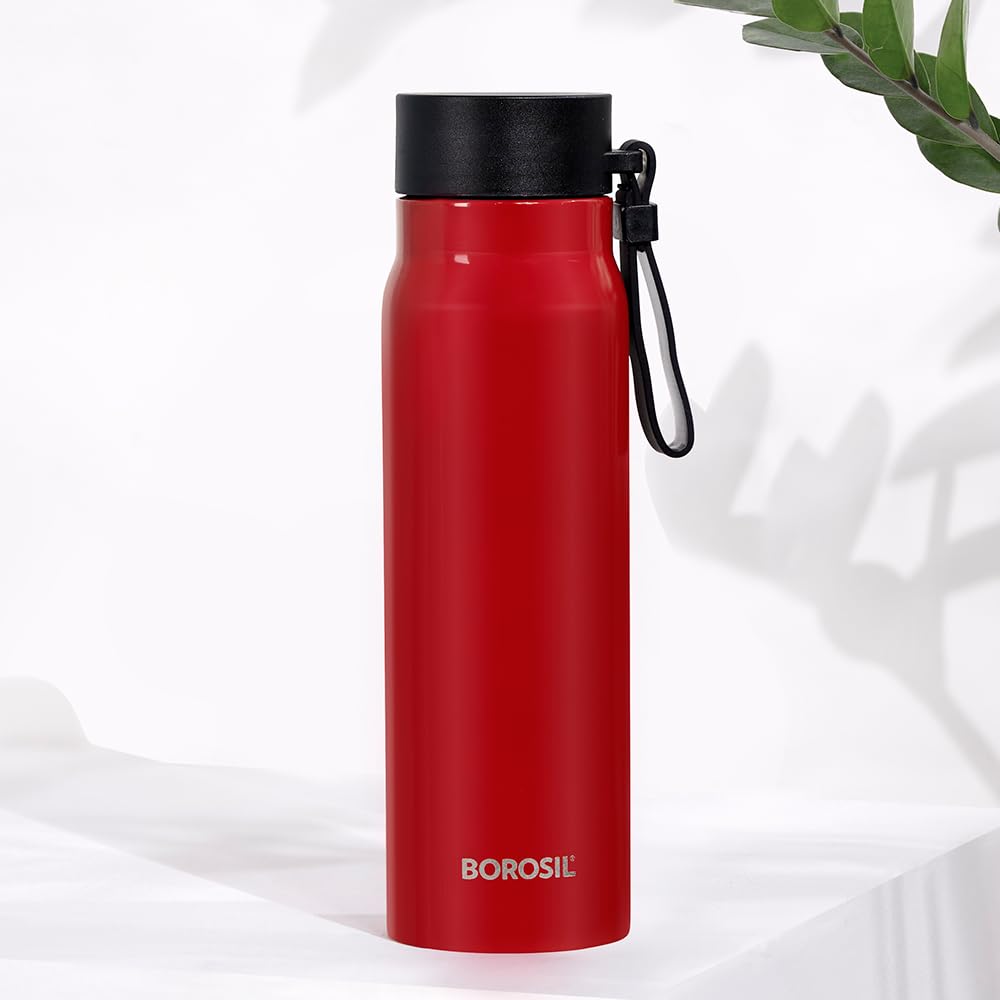 Borosil Hydra Bliss 500 ml Stainless Steel Water Bottle | 13 hrs. Hot & 12 hrs. Cold Flask | Double Wall Vacuum Insulated, Leakproof, Wide Mouth with Strap | 1 Year Warranty, Red