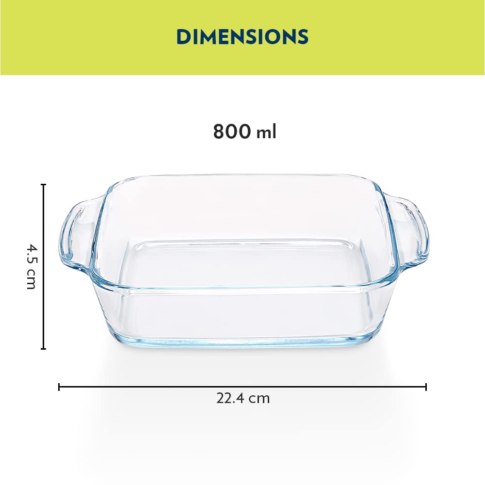 Borosil 800 ml Baking & Serving Dish with Handle | Borosilicate Glass Square Shape Bakeware and Serveware Casserole Dish Tray | Microwave, Oven & Dishwasher Safe Bowl (Transparent)