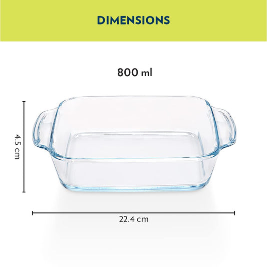 Borosil 800 ml Baking & Serving Dish with Handle | Borosilicate Glass Square Shape Bakeware and Serveware Casserole Dish Tray | Microwave, Oven & Dishwasher Safe Bowl (Transparent)