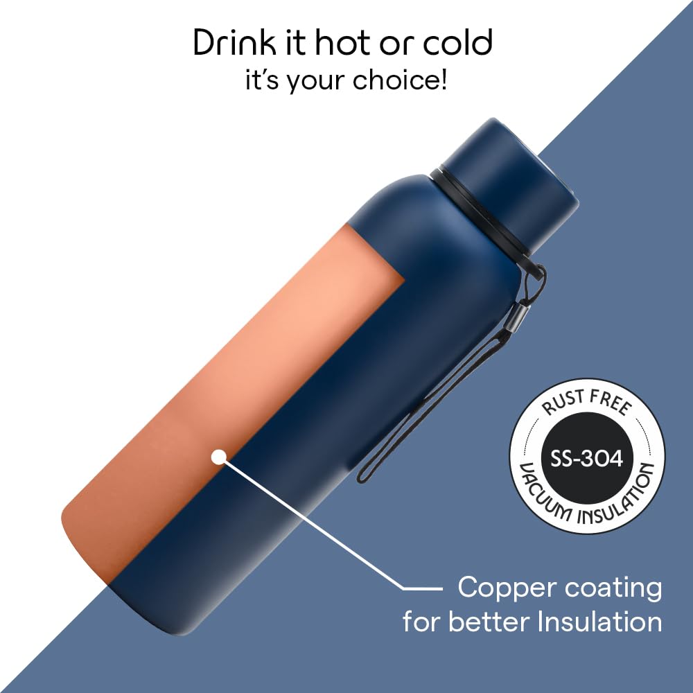Borosil 850ml Trek Indigo  20 Hours Hot & 24 Hours Cold | Double Wall Vacuum Insulated Flask | Ideal for Personal & Corporate Gifting