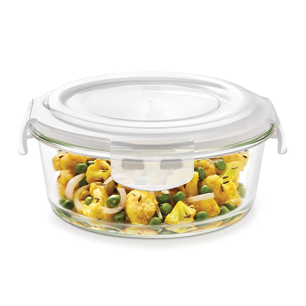Borosil Klip n Store 950 ml Round Glass Food Storage Container with Air Tight Lid | Borosilicate Glass Container for Lunchbox | Microwave & Dishwasher Safe | Transparent