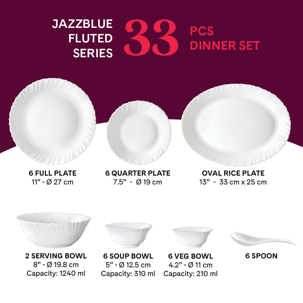 Larah by Borosil Jazzblue Fluted Series Opalware Dinner Set | 33 Pieces for Family of 6 | Microwave & Dishwasher Safe | Bone-Ash Free | Crockery Set for Dining & Gifting | Plates & Bowls | White