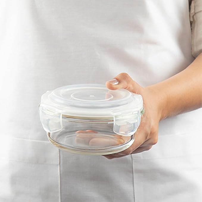 Borosil Lunchbox | 3pc Round Container Set (400 ml Each) | Made in India Borosilicate Glass | Microwave & Dishwasher Safe | Tiffin for Office, School, College | Vertical (Alfa Green)