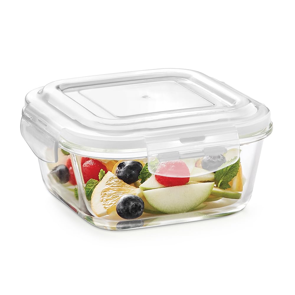 Borosil 800ml Klip n Store Square Glass Food Storage Container with Air Tight Lid | Borosilicate Glass Container for Lunchbox | Microwave & Dishwasher Safe | Transparent