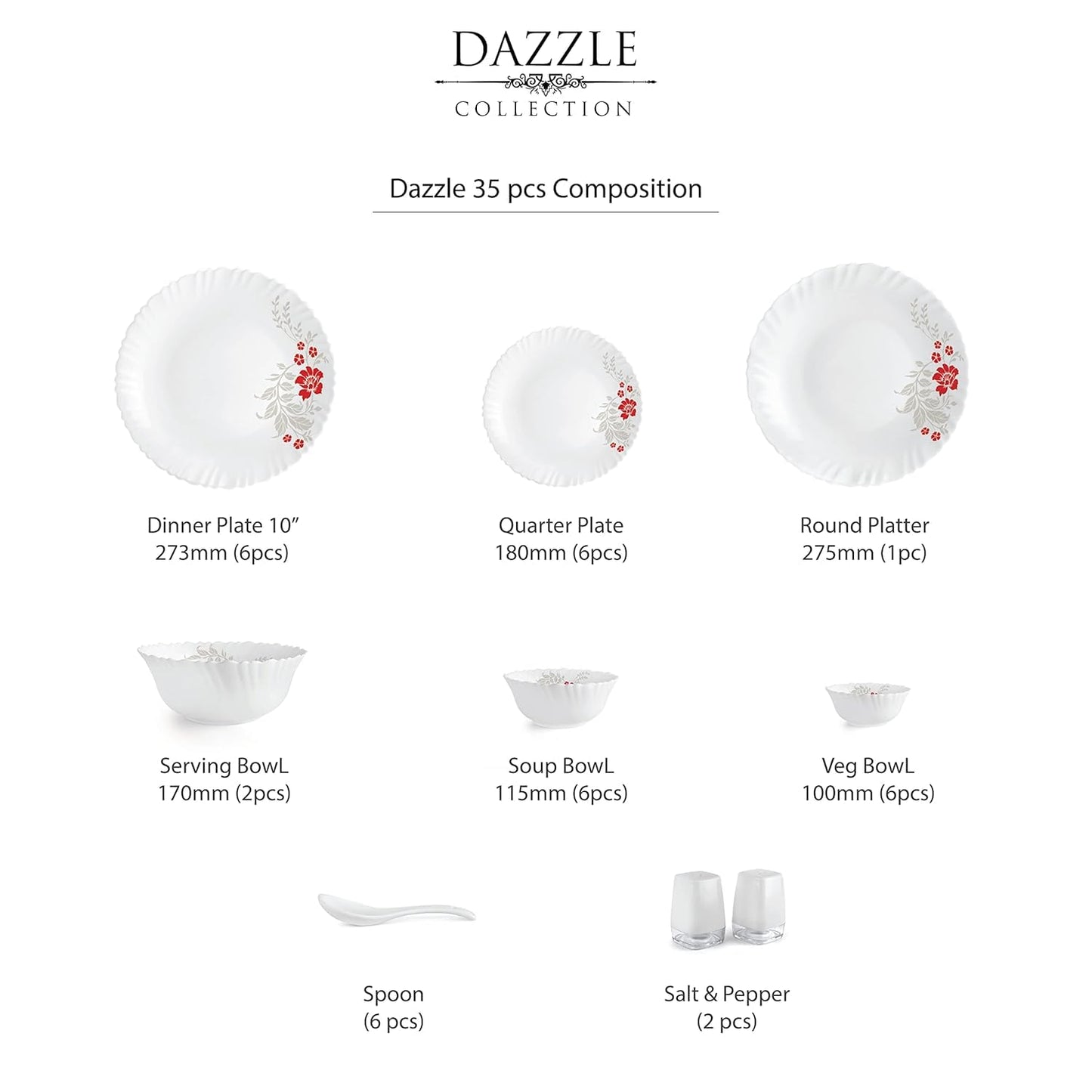 CELLO Scarlet Bliss Dazzle Series Opalware Dinner Set of 35 Pieces for Family of 6 | Bone-Ash Free & Leadfree Opal Glass, Microwave & Dishwasher Safe, Plates & Bowls Crockery Set for Dining & Gif