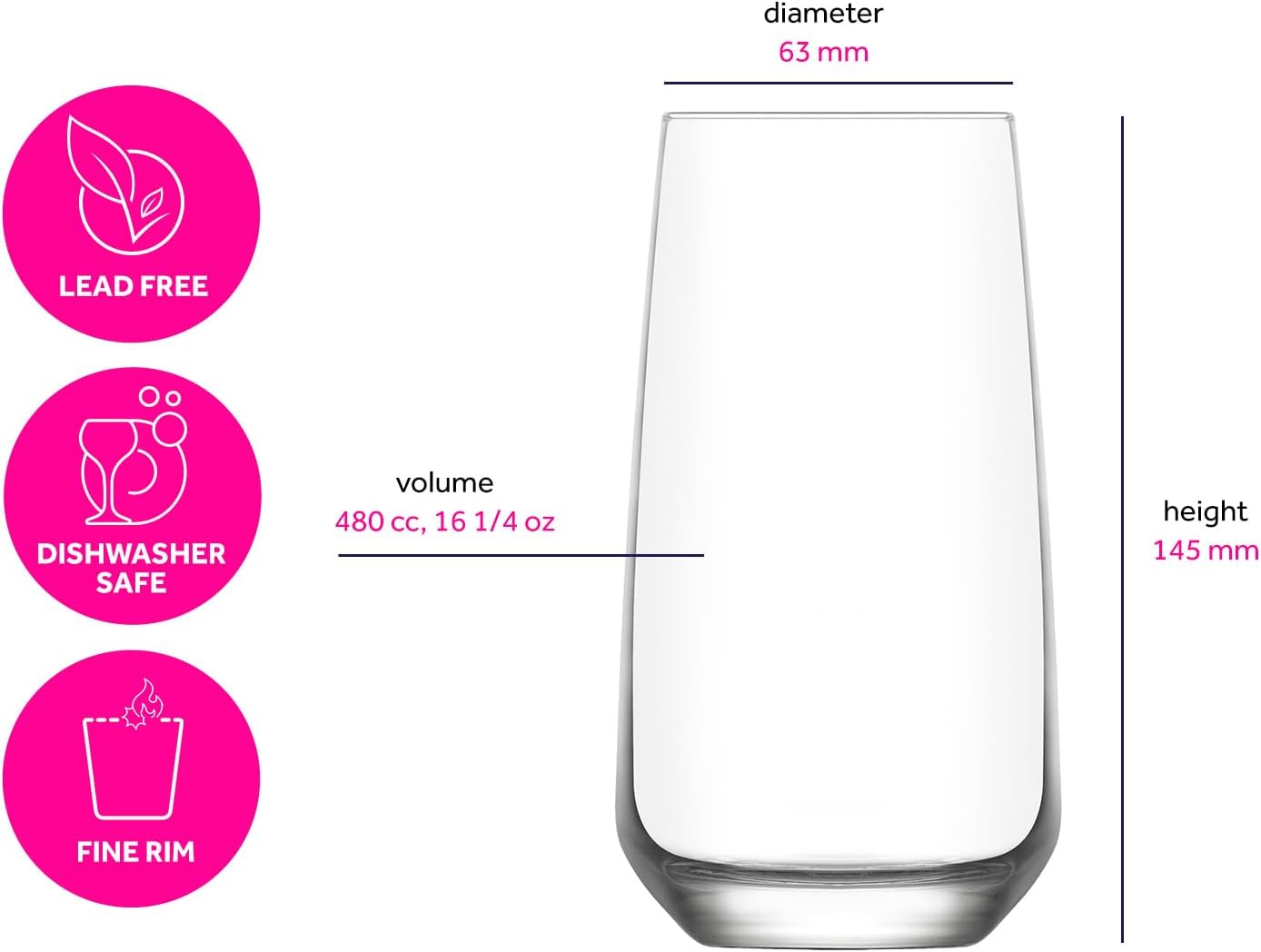 LAV Highball Glasses Set of 6 | All-Purpose Long Drink Glasses | Ideal for Water, Juice, and More | Perfect for Home, Parties, and Entertaining | 480 cc | 16.25 oz