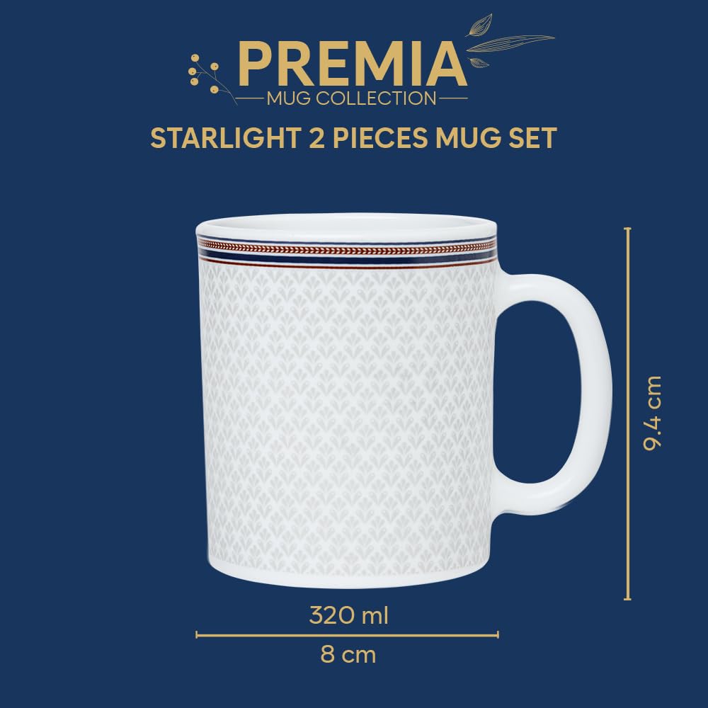 Larah by BOROSIL Premia Series Starlight 2 pc Set of Opalware Tea/Coffee Mug Set (320 ml Each) | Embossed Design, Microwave & Dishwasher Safe | Crockery Set Ideal for Daily Use & Gifting, White