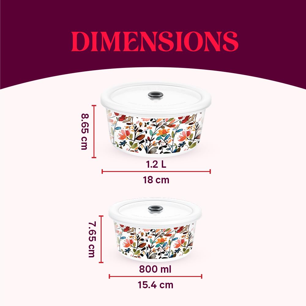 Larah by Borosil Lupin 2 pcs (800 ml) Storage Bowls with Lids, Opal Glass Containers with Lid, Airtight Container Set for Kitchen, Microwave Safe Containers, Dishwasher Safe Kitchen Containers