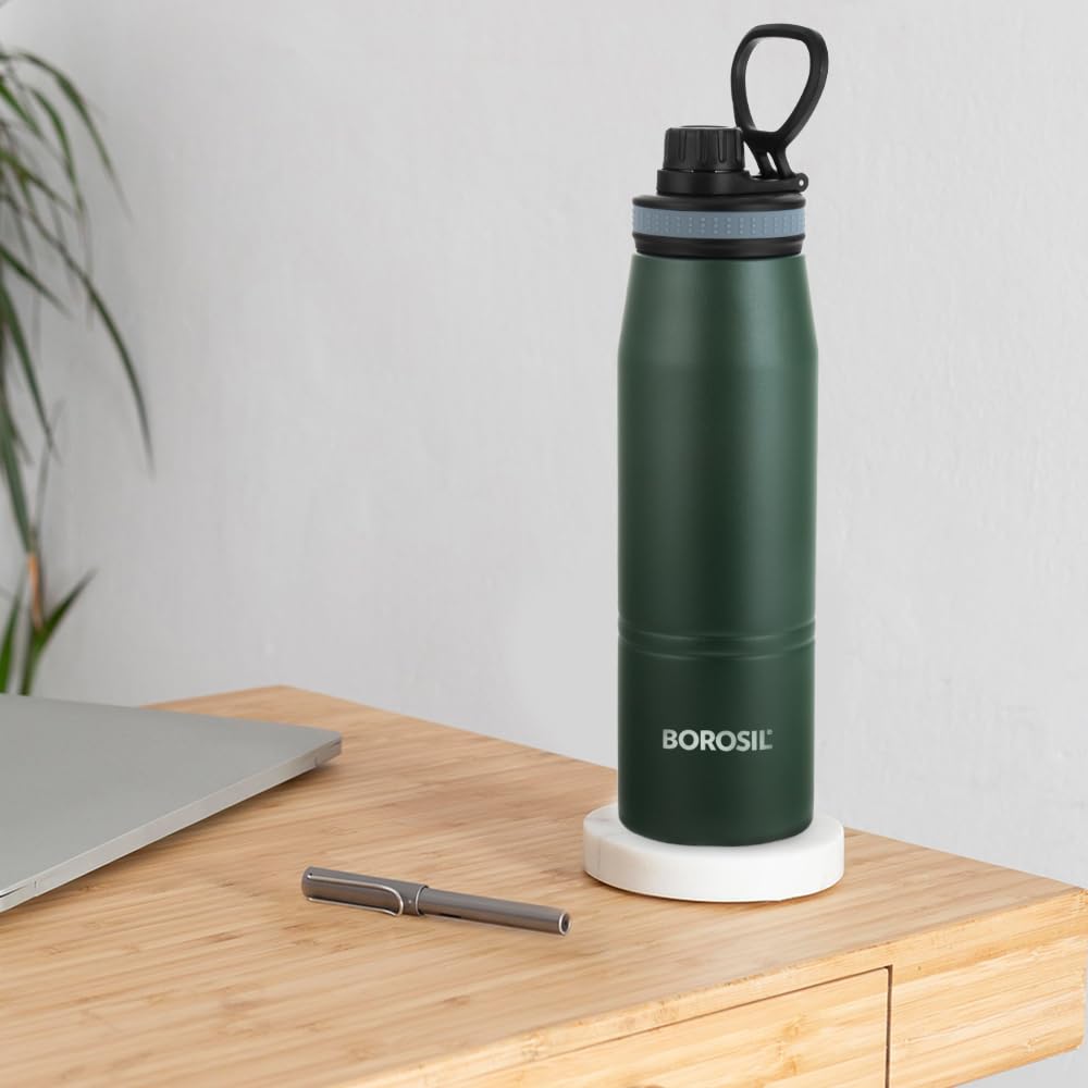 Borosil 900ml Gosports Stainless Steel Bottle | ISI Certified Made in India Double Wall Vacuum Insulated Flask | 14 Hours Hot & 18 Hours Cold | Leakproof, BPA Free | 1 Year Warranty, Green