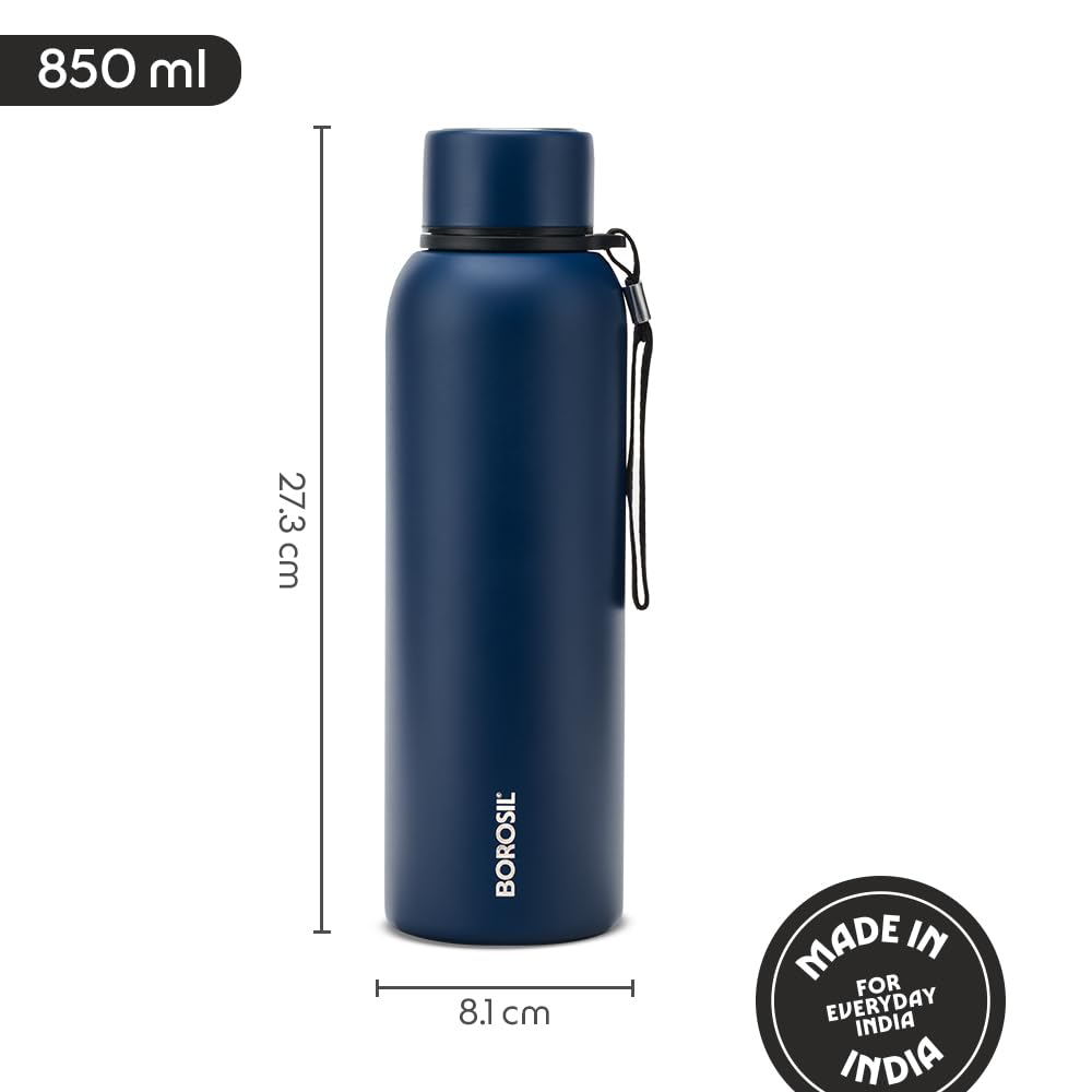 Borosil 850ml Trek Indigo  20 Hours Hot & 24 Hours Cold | Double Wall Vacuum Insulated Flask | Ideal for Personal & Corporate Gifting