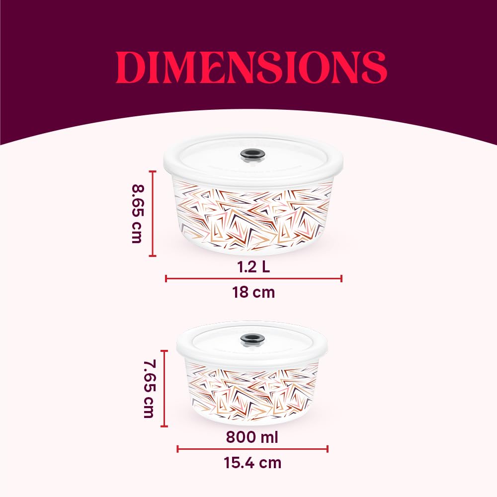 Larah by BOROSIL Comet 2 pcs (800 ml + 1.2 L) ml Opalware Storage Container with Air Tight Lid | Microwave & Dishwasher Safe