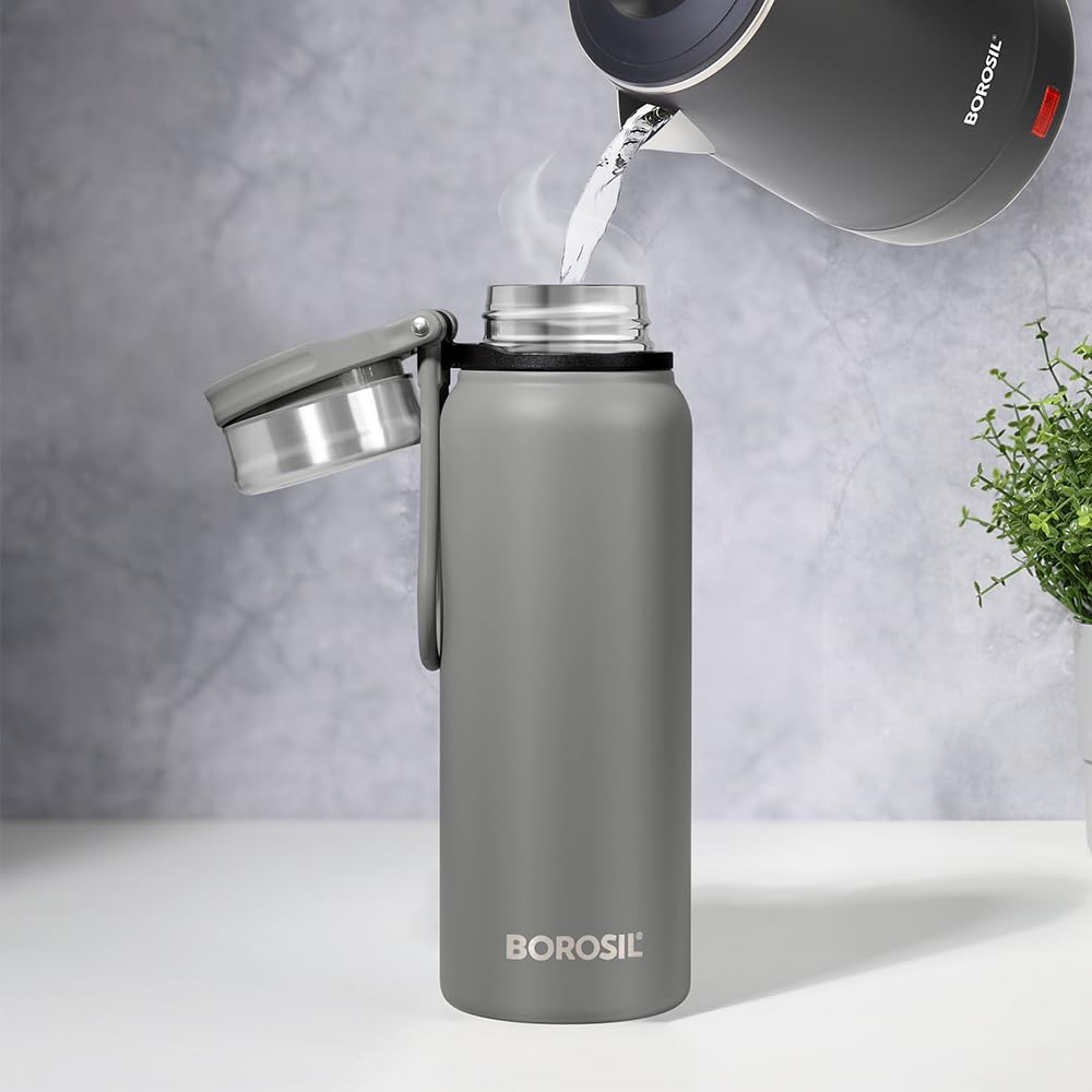 Borosil Hydra Aquafit 830 ml Grey Stainless Steel Water Bottle | Double Wall Vacuum Insulated Thermo Flask | 14 hrs Hot & 16 hrs Cold | Leakproof, Wide Mouth, Strap | Bottle for Gym, Office, School