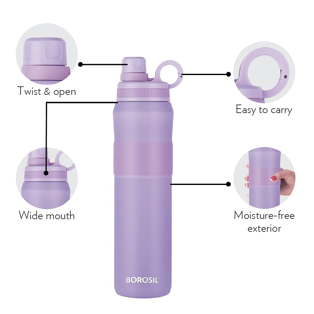 Borosil Hydra Thirst Burst Lavender 800 ml Stainless Steel Water Bottle | Double Wall Vacuum Insulated Flask | 12 Hours Hot & Cold | Ideal for Personal & Corporate Gifting | 1 Year Warranty