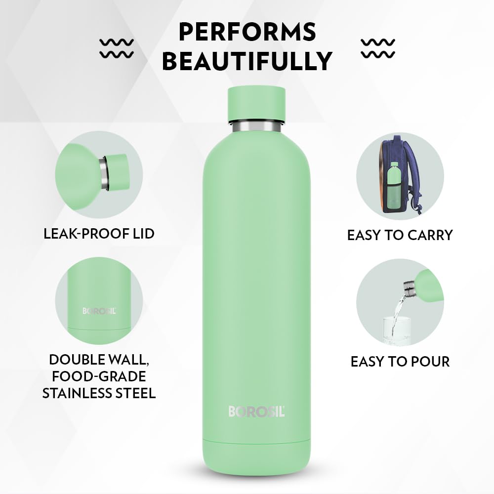 Borosil Hydra Pacific Stainless 700 ml Insulated Water Bottle | Stainless Steel Bottle | Double Wall Vacuum Insulation | 12 Hours Hot & Cold | 1 Year Warranty
