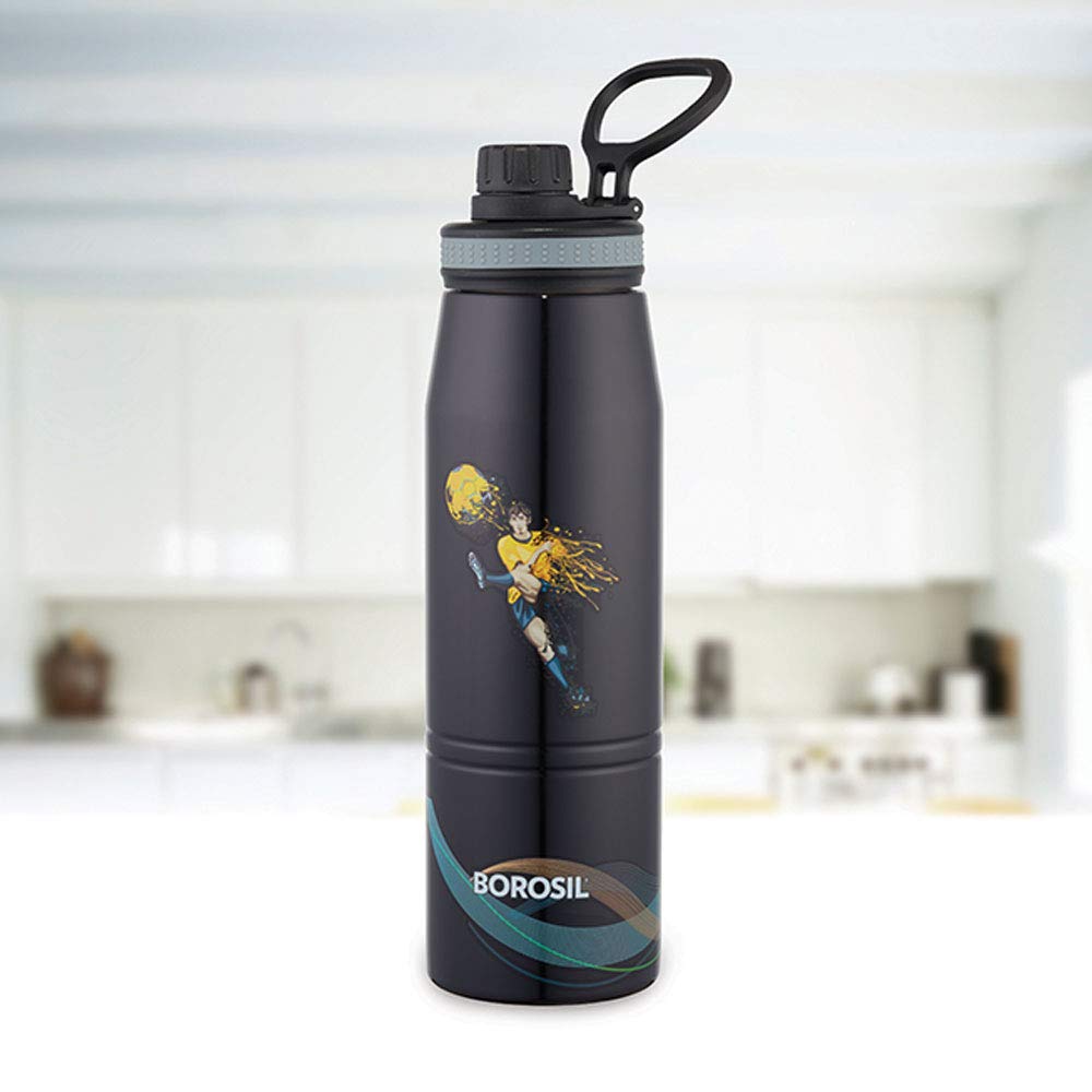 Borosil Hydra GoSportsFootball 900 ml Stainless Steel Wate Bottle | Double Wall Vacuum Insulated Flask | 14 Hrs Hot & 18 Hours Cold | 1 Year Warranty, Black
