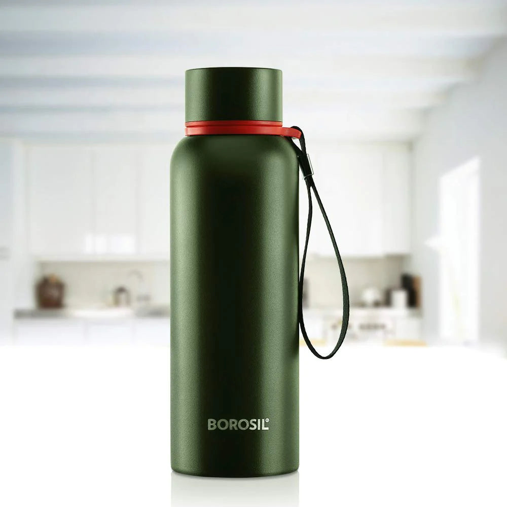 Borosil Trek Green 500ML Hot n Cold Stainless Steel Bottle (BT500GRN101) – 20 Hours Hot, 24 Hours Cold, Wide Mouth, Durable Finish
