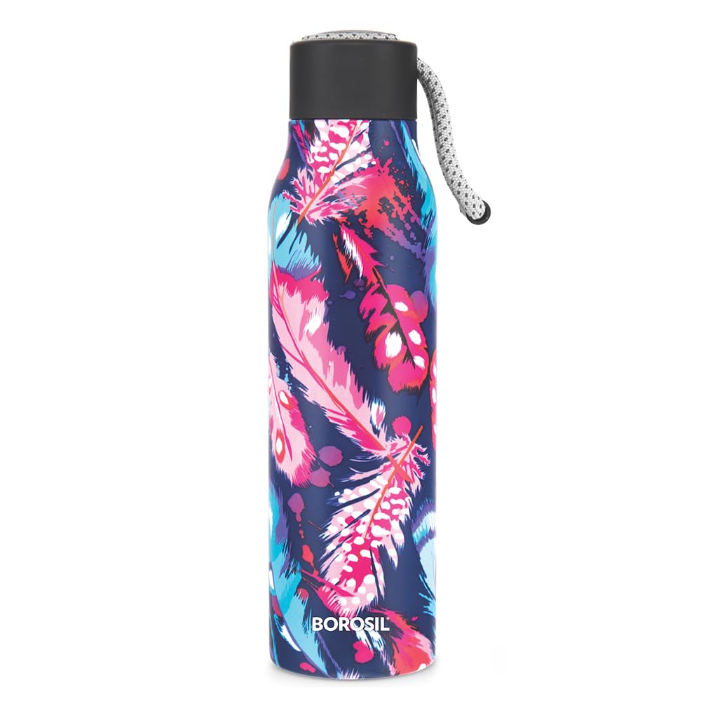 Borosil Hydra Aquasoul Vibrant 600 ml Stainless Steel Water Bottle | Double Wall Vacuum Insulated Flask, Leakproof, Wide Mouth with Strap | 12 Hours Hot & Cold | 1 Year Warranty