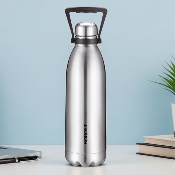 Borosil 1.5 L Hydra Bolt Stainless Steel Water Bottle | Double Wall Vacuum Insulated Flask | 24 Hours Hot and Cold | Bottle for Office, Gym, School | 1 Year Warranty | Silver