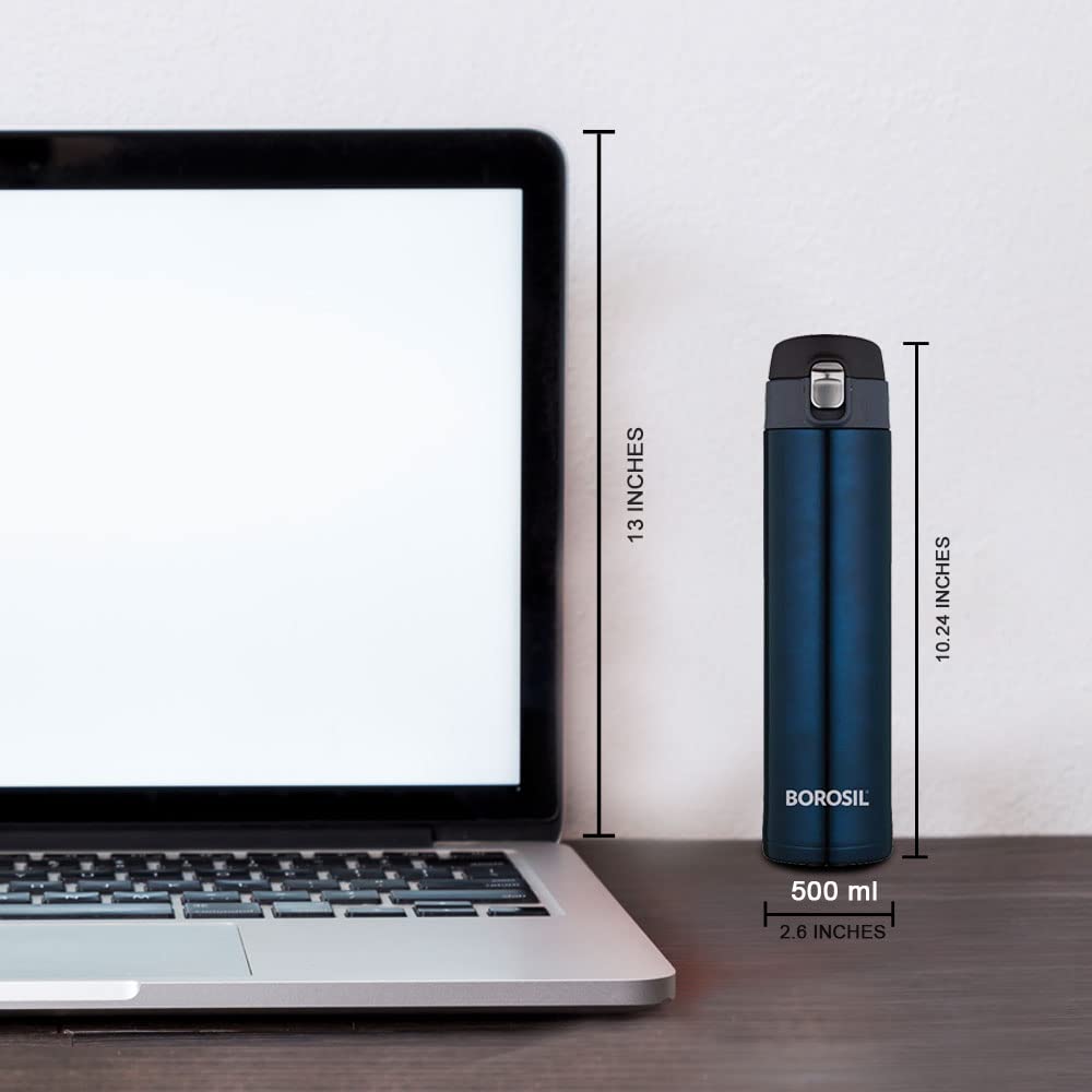 Borosil Hydra Nova 500 ml Stainless Steel Water Bottle | Double Wall Vacuum Insulated Flask | 16 Hours Hot and 18 Hours Cold | Bottle for Office, Gym, School, College | 1 Year Warranty | Blue