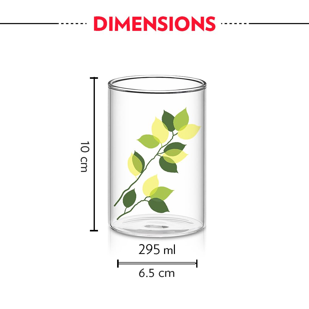 Borosil 295 ml Set of 6 pcs Green Leaves Vision Transparent Glass | Cold Drink Tumbler, Beer Glass, Juice Glass | Flame Proof Glasses | Microwave & Dishwasher Safe | Glass Drinking Tumbler