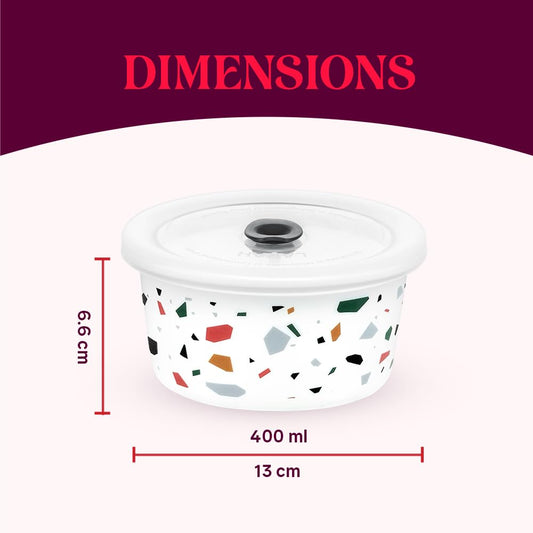 Larah by BOROSIL Confetti 2 Pcs Storage Bowl, 400 ml Each, Opal Glass Storage Container with Air Tight Lid | Microwave & Dishwasher Safe