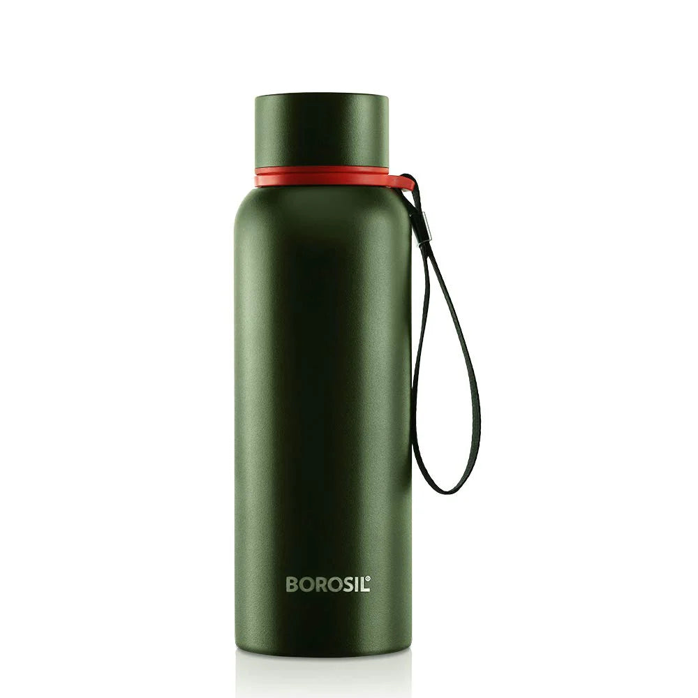Borosil Trek Green 500ML Hot n Cold Stainless Steel Bottle (BT500GRN101) – 20 Hours Hot, 24 Hours Cold, Wide Mouth, Durable Finish