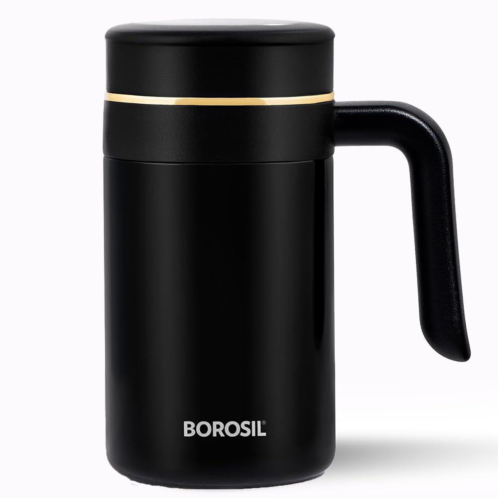 Borosil Hydra Klassic Super Insulated Mug, Vacuum Insulated Travel Coffee/Tea Mug, 8 Hrs Hot and 13 Hrs Cold, Easy to Carry, Leak Proof, 540 ml, Black, Stainless Steel