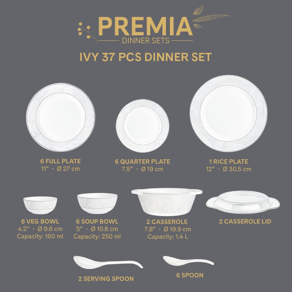 Larah by Borosil Premia Series Ivy Opalware Dinner Set | 37 Piece for Family of 6 | Microwave & Dishwasher Safe | Bone-Ash Free | Crockery Set for Dining & Gifting | Plates & Bowls | White