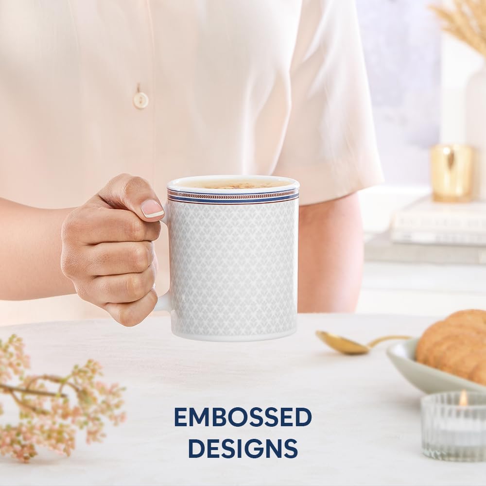 Larah by BOROSIL Premia Series Starlight 2 pc Set of Opalware Tea/Coffee Mug Set (320 ml Each) | Embossed Design, Microwave & Dishwasher Safe | Crockery Set Ideal for Daily Use & Gifting, White
