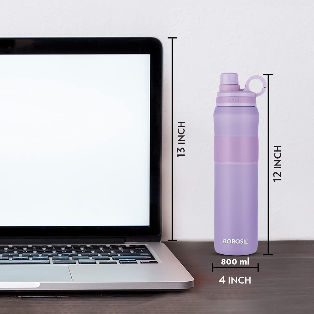 Borosil Hydra Thirst Burst Lavender 800 ml Stainless Steel Water Bottle | Double Wall Vacuum Insulated Flask | 12 Hours Hot & Cold | Ideal for Personal & Corporate Gifting | 1 Year Warranty