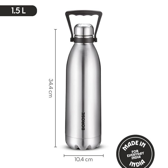 Borosil 1.5 L Hydra Bolt Stainless Steel Water Bottle | Double Wall Vacuum Insulated Flask | 24 Hours Hot and Cold | Bottle for Office, Gym, School | 1 Year Warranty | Silver