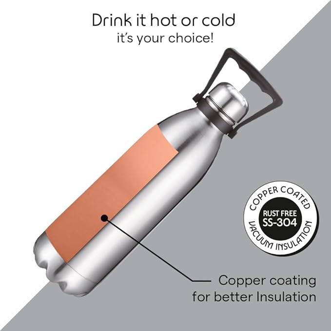 Borosil 1.5 L Hydra Bolt Stainless Steel Water Bottle | Double Wall Vacuum Insulated Flask | 24 Hours Hot and Cold | Bottle for Office, Gym, School | 1 Year Warranty | Silver
