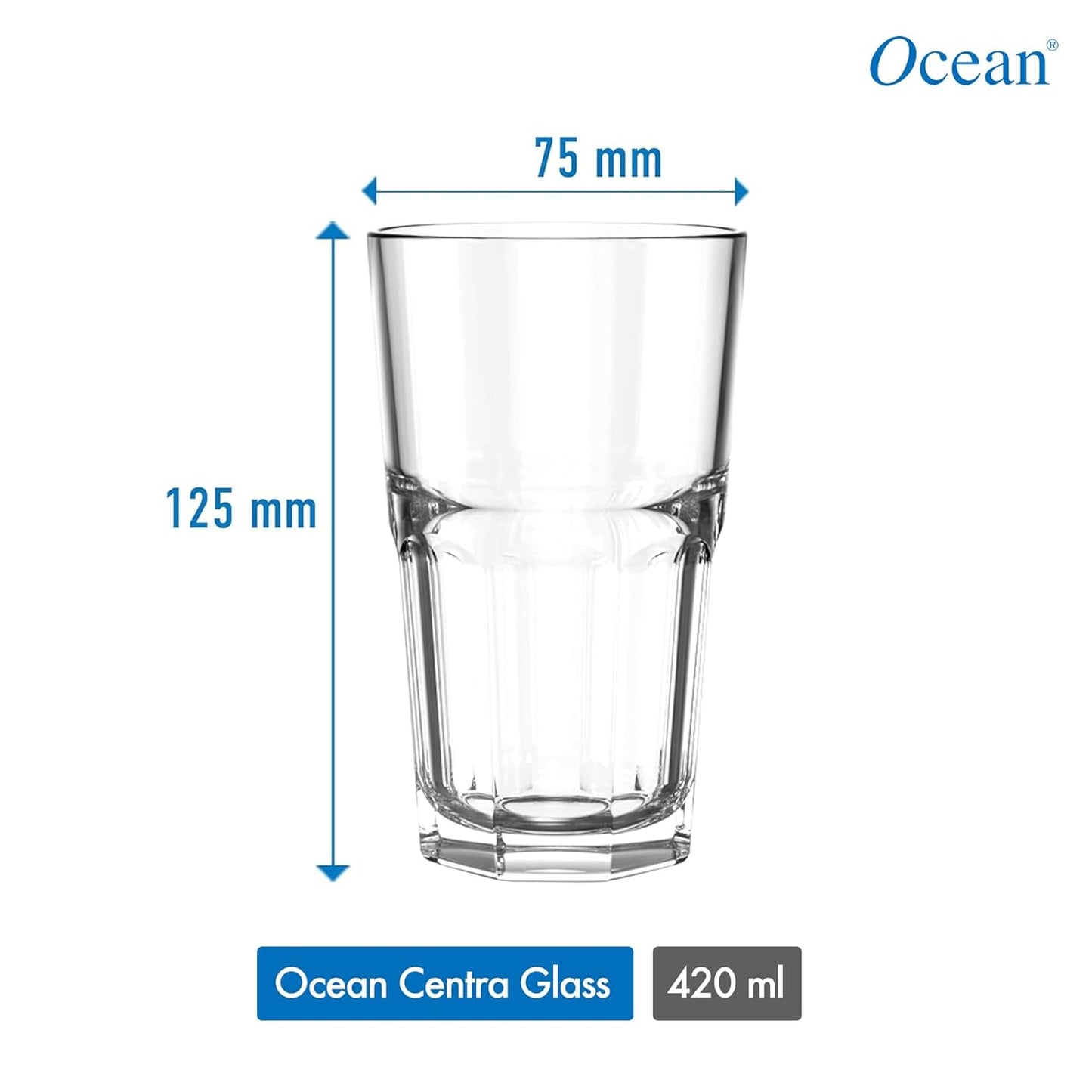 Ocean Centra Hi Ball Soda Lime Glass Set (300 ml, 6 pcs) | Stylish & Durable Glassware to Serve Water, Juice, Soft Drink & Iced Beverages | Used for Home Party, Offices & Restaurants | Dishwashar Safe