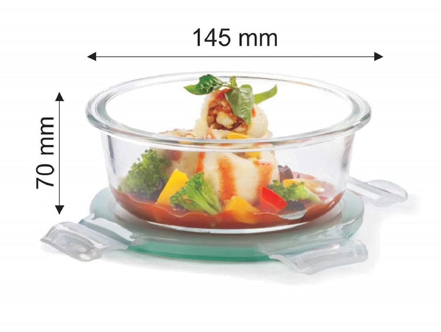 SignoraWare Lock N Store Borosilicate Glass Round Container | Microwave & Dishwasher Safe | Heat Resistant | Air tight & Spill Proof | Storing leftover | Best for Baking & Serving (620 ml | Clear)