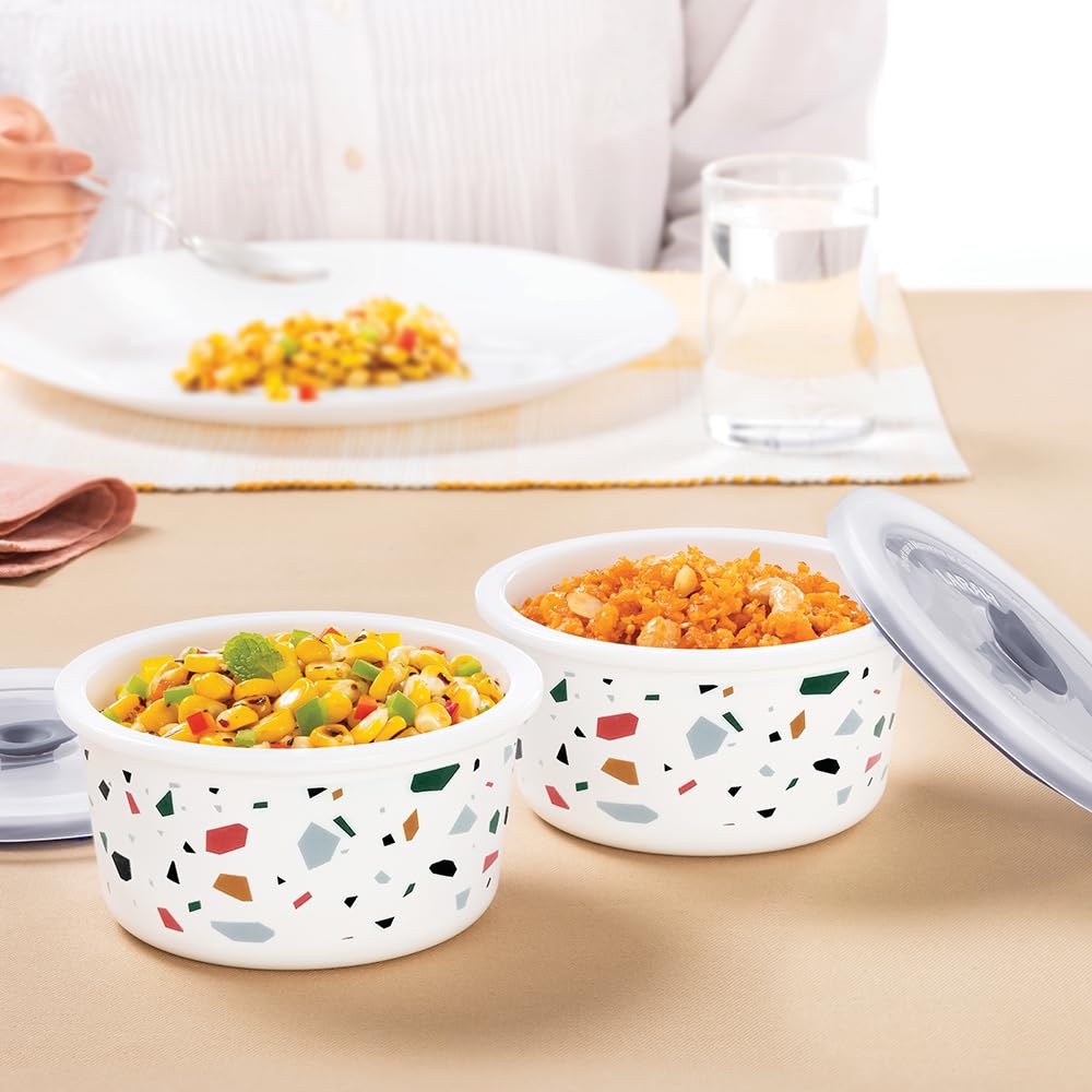 Larah by BOROSIL Confetti 2 Pcs Storage Bowl, 400 ml Each, Opal Glass Storage Container with Air Tight Lid | Microwave & Dishwasher Safe