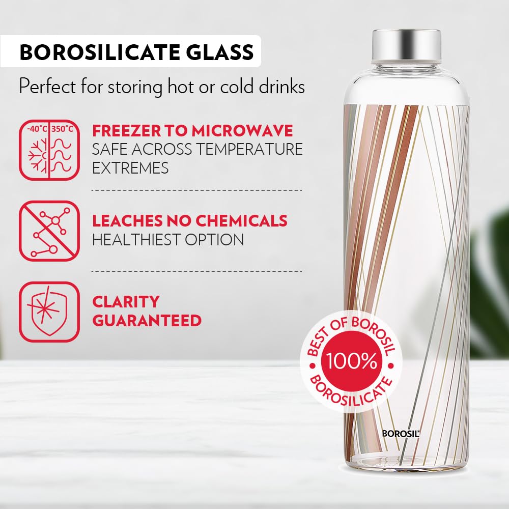 Borosil Artisan 1000 ml Narrow Mouth Glass Bottle with Metal Lid | 100% Borosilicate, Fridge Safe, Leakproof, Easy to Carry | Store Water, Lassi, Juice, Smoothies | Dishwasher Safe (Prism)