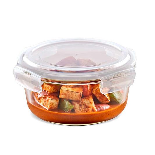 Borosil 1.5L Klip n Store Round Glass Food Storage Container with Air Tight Lid | Borosilicate Glass Container for Lunchbox | Microwave & Dishwasher Safe | Transparent