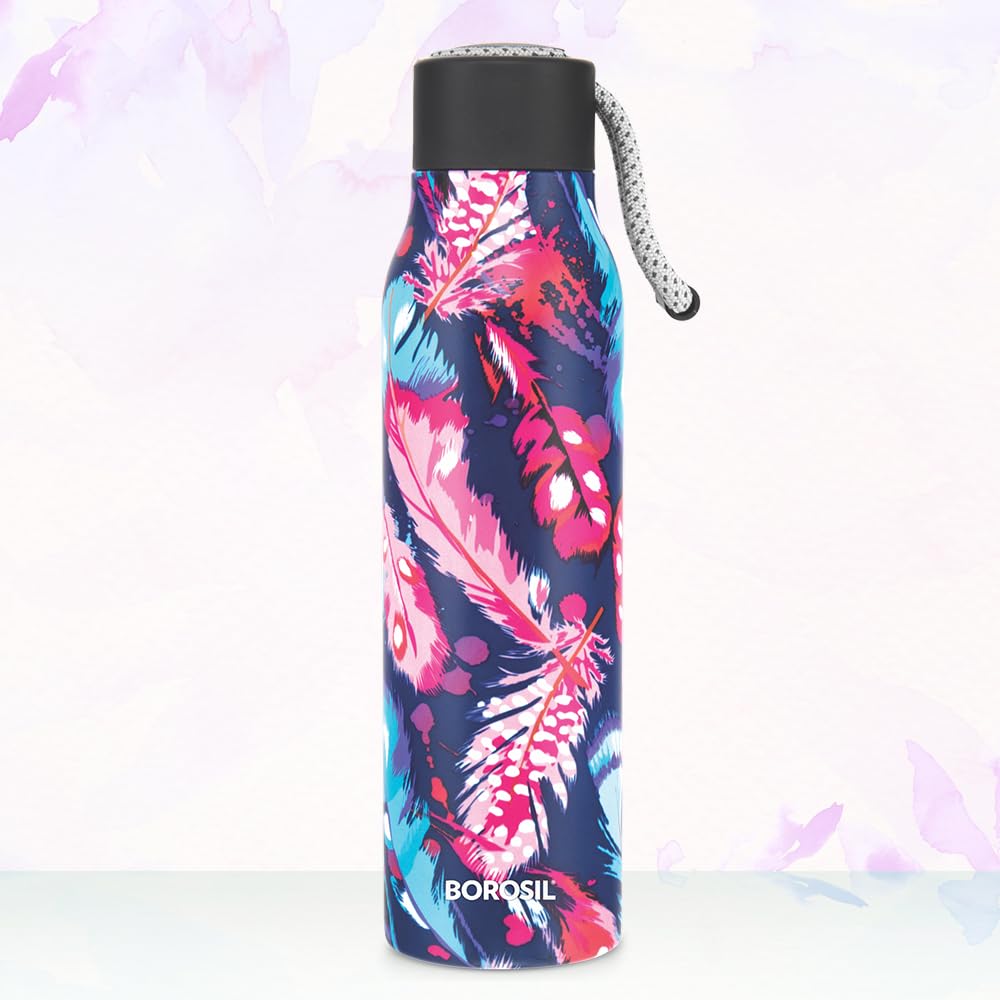 Borosil Hydra Aquasoul Vibrant 600 ml Stainless Steel Water Bottle | Double Wall Vacuum Insulated Flask, Leakproof, Wide Mouth with Strap | 12 Hours Hot & Cold | 1 Year Warranty