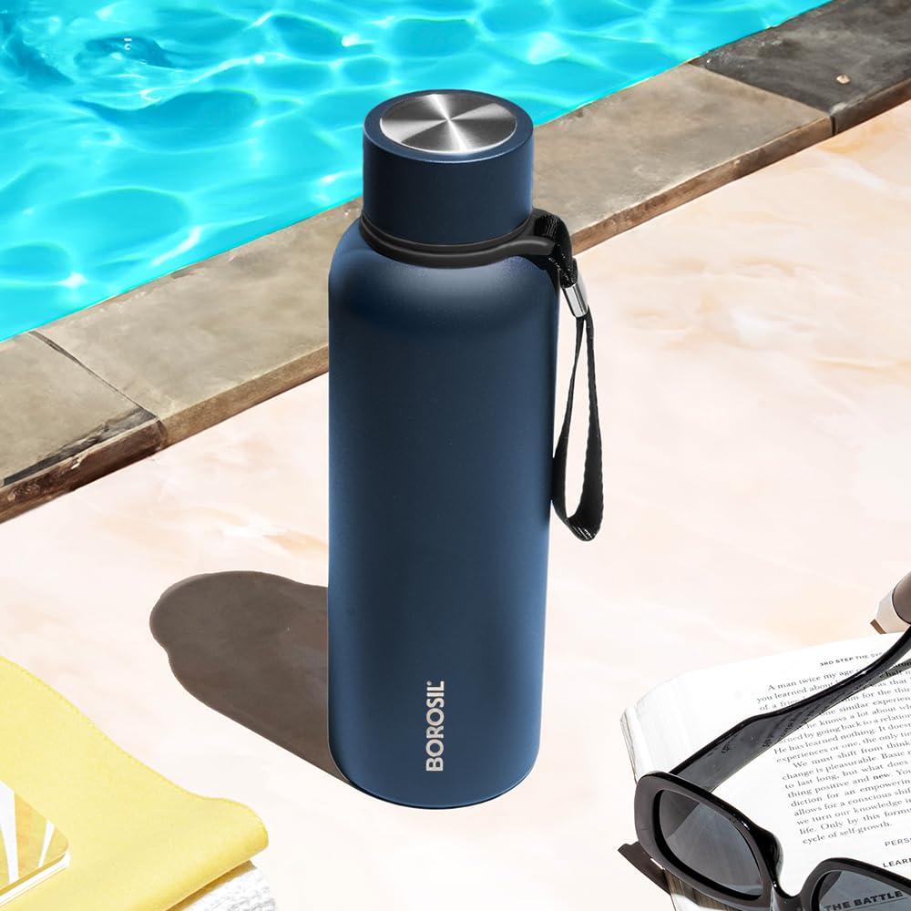 Borosil 850ml Trek Indigo  20 Hours Hot & 24 Hours Cold | Double Wall Vacuum Insulated Flask | Ideal for Personal & Corporate Gifting
