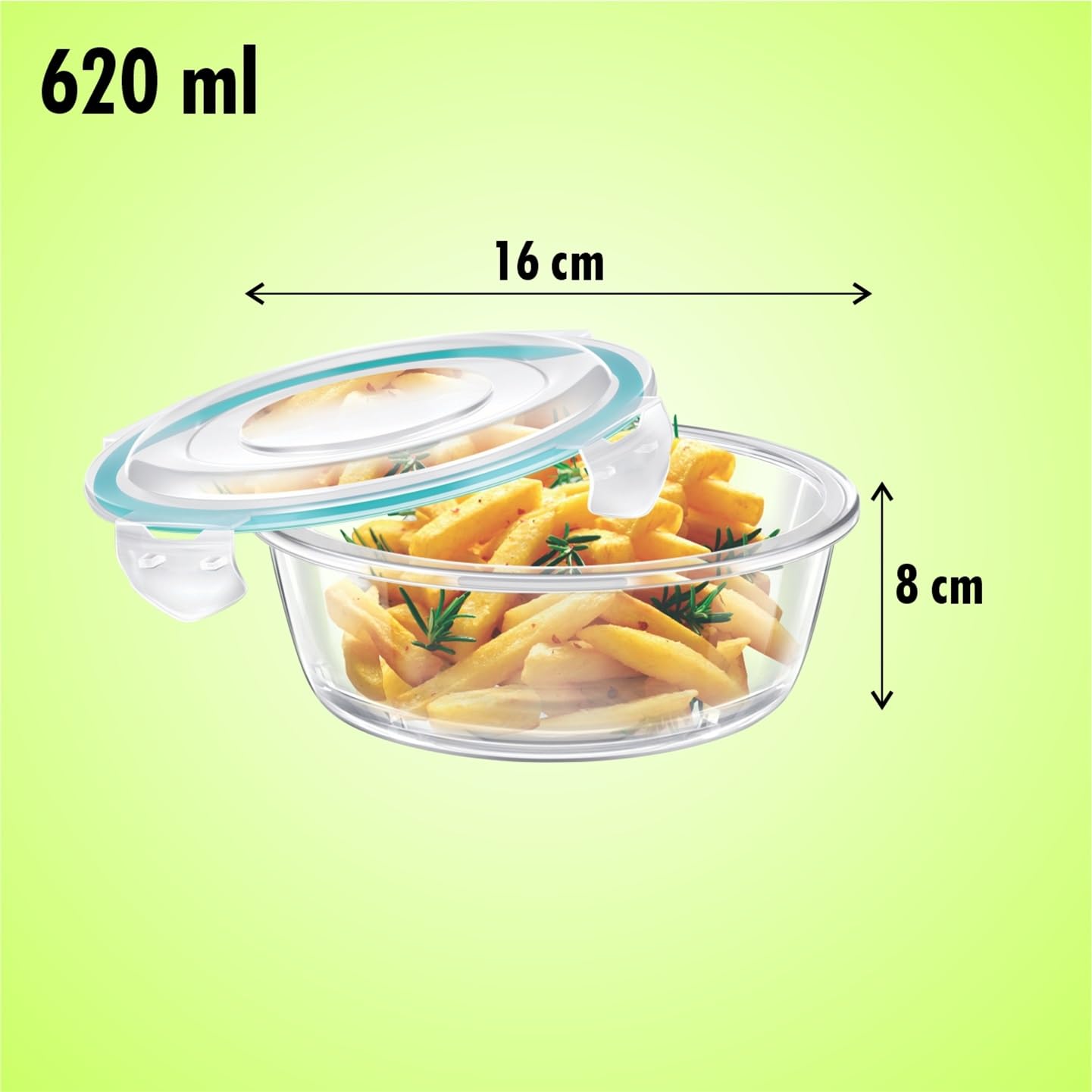 SignoraWare Lock N Store Borosilicate Glass Round Container | Microwave & Dishwasher Safe | Heat Resistant | Air tight & Spill Proof | Storing leftover | Best for Baking & Serving (620 ml | Clear)