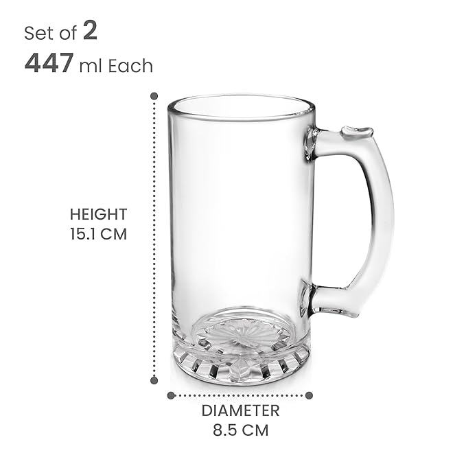 Treo by Milton Thunder Cool Glass Beer Mug, Set of 2, 447 ml Each, Transparent Glasses for Beer, Drinks, Cocktail