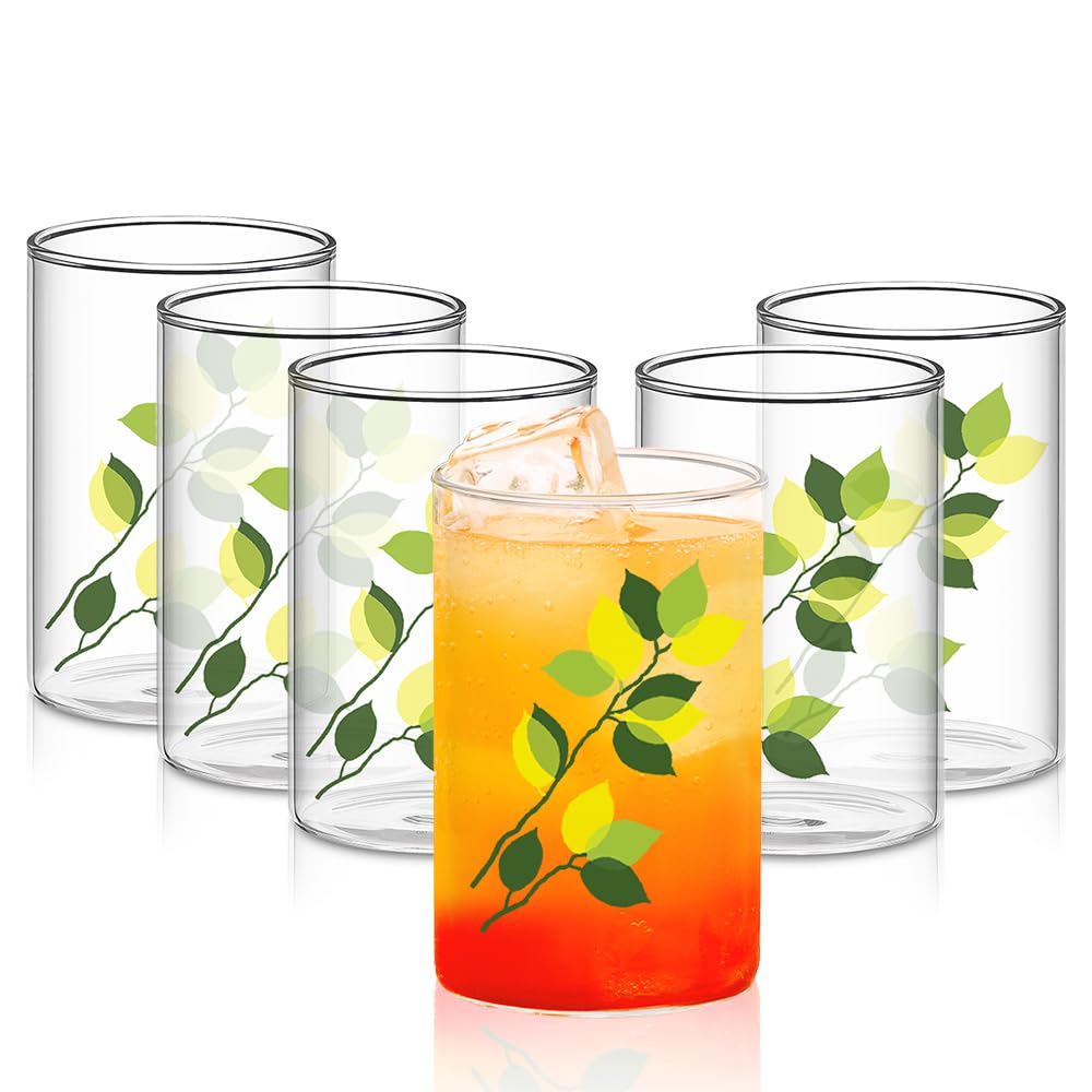 Borosil 295 ml Set of 6 pcs Green Leaves Vision Transparent Glass | Cold Drink Tumbler, Beer Glass, Juice Glass | Flame Proof Glasses | Microwave & Dishwasher Safe | Glass Drinking Tumbler